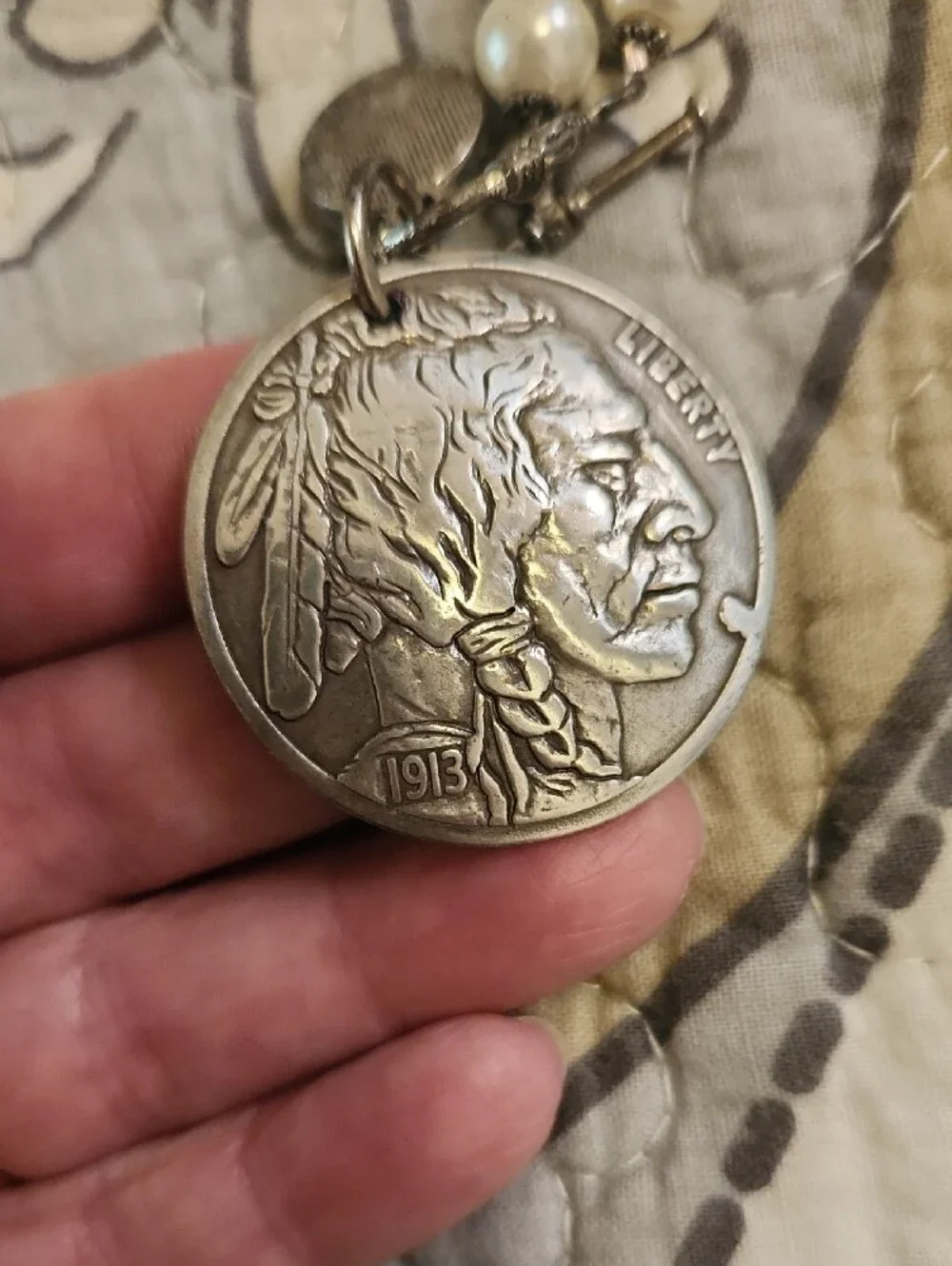 Boutique White Pearl Necklace with Buffalo Nickel Pendant